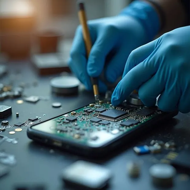 Hände mit blauen Handschuhen reparieren mit einem Werkzeug auf einem Tisch eine Platine.