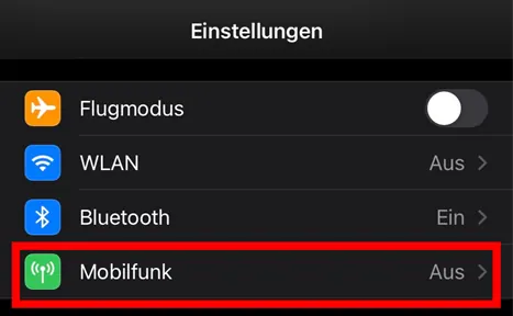 Screenshot der Telefoneinstellungen. „Mobilfunk“ ist markiert und auf „Aus“ (aus) eingestellt.