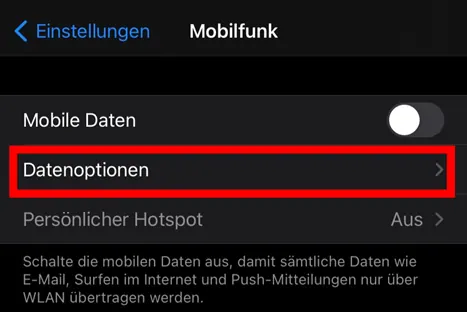 Screenshot des iPhone-Einstellungsmenüs, genauer gesagt der Optionen für „Mobile Daten“. Die „Datenoptionen“ sind hervorgehoben.