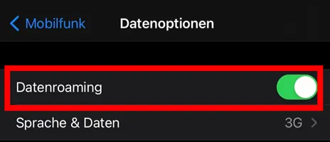 Auf dem Bildschirm eines Mobiltelefons wird in den deutschen Einstellungen „Datenroaming“ als aktiviert (grün) angezeigt.