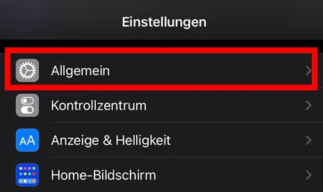 Screenshot des Einstellungsmenüs, Option „Allgemein“ rot umrandet.