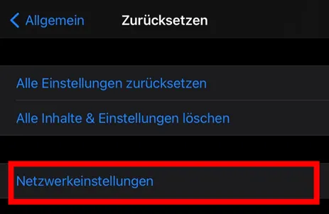 Screenshot eines iPhone-Einstellungsmenüs, auf dem die Option „Netzwerkeinstellungen“ rot hervorgehoben ist.