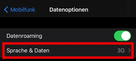 Screenshot einer Telefoneinstellung, auf der die Option „Sprache & Daten“ rot hervorgehoben ist und ein 3G-Indikator angezeigt wird.